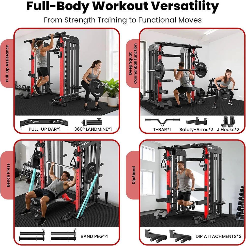 Pooboo Power Cage Smith Machine with Cable Crossover Home Gym