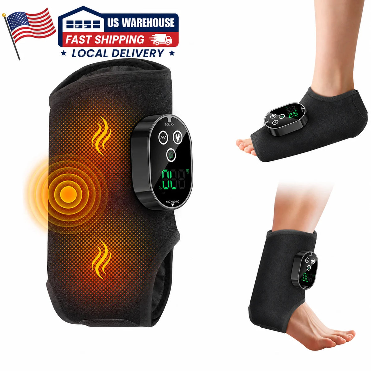 Heated Ankle Massager Black Foot Wrap Dual Motor 3 Speeds 6 Heat Levels Timer Type-C Rechargeable for Foot Calf Arm Home Travel