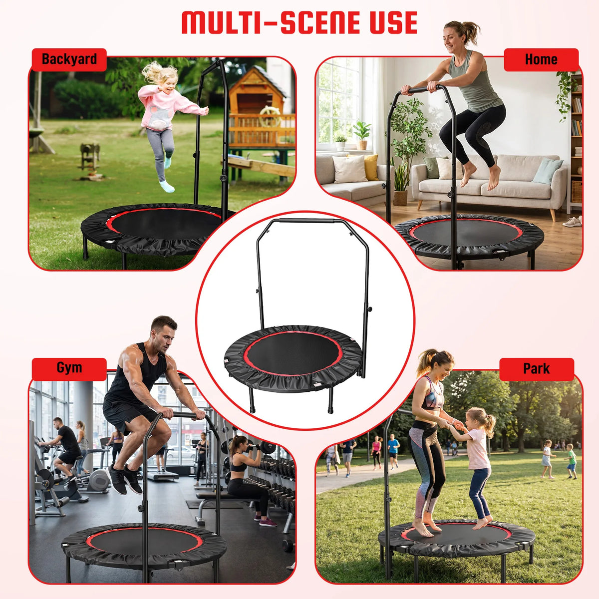 Folding Fitness Rebounder Trampoline With Handlebar For Indoor Cardio