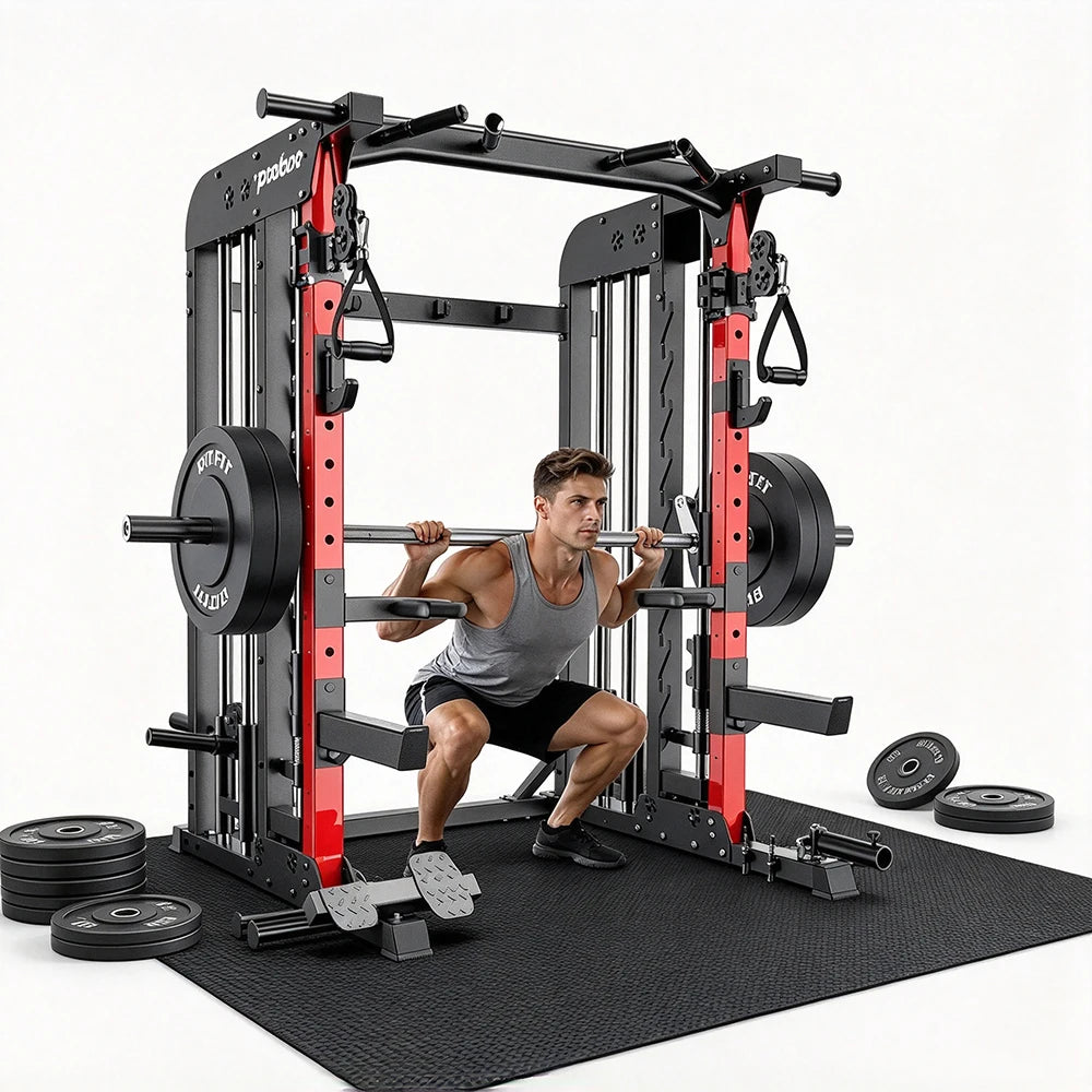 Pooboo Power Cage Smith Machine with Cable Crossover Home Gym
