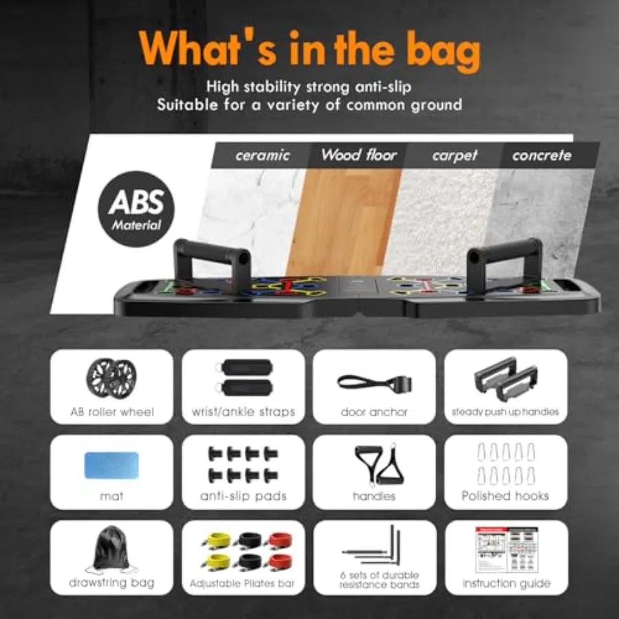 Portable Push Up Board With Pilates Bar And Resistance Bands