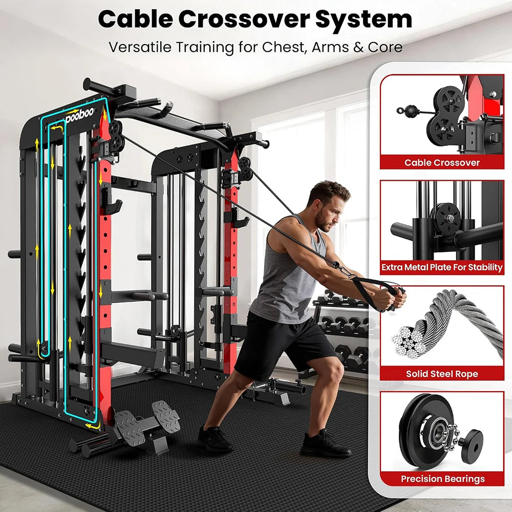 Pooboo Power Cage Smith Machine with Cable Crossover Home Gym