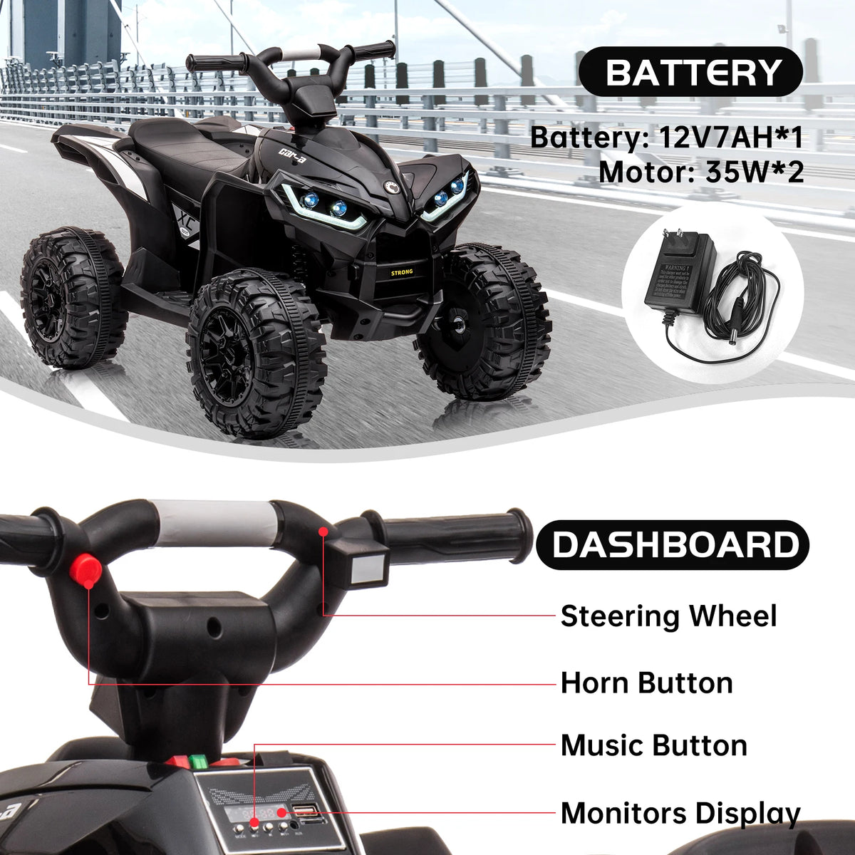 12V Kids Ride On ATV 4 Wheeler Electric Car With Parent Remote Control LED Lights Music Horn Rechargeable Battery All Terrain Tires