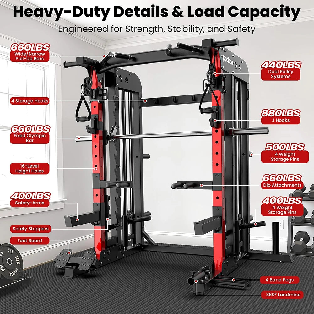 Pooboo Power Cage Smith Machine with Cable Crossover Home Gym