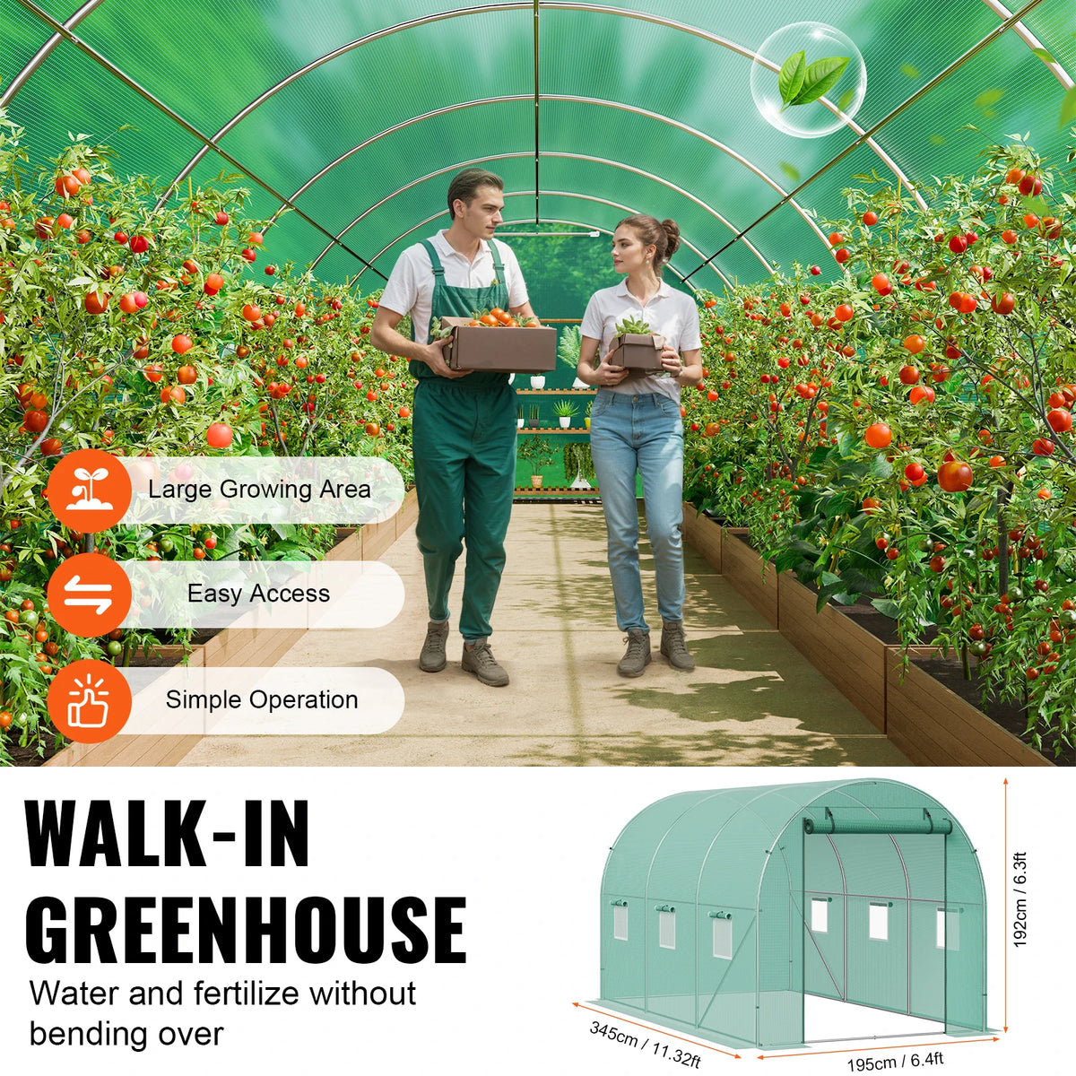 SucceBuy Walk-in Tunnel Greenhouse Hoop House Greenhouse Tunnel Plant Hot House with Steel Frame PE Cover Roll-up Zipper Door