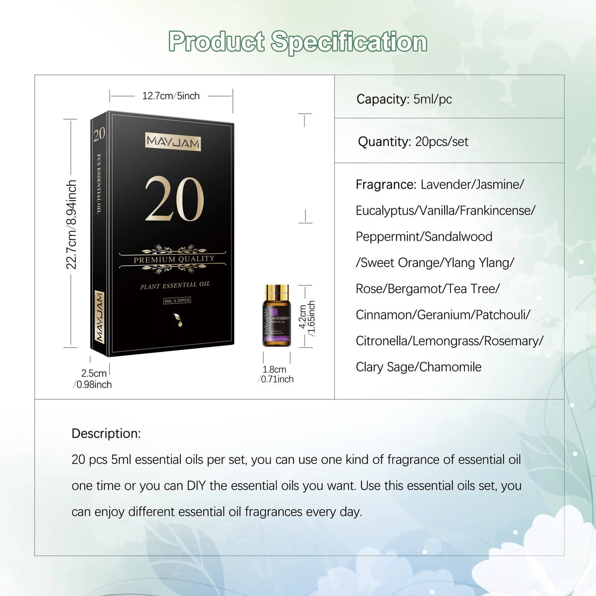 MAYJAM Christmas Gift Essential Oils Set,20 Bottles Fragrance Oils Lavender Jasmine Eucalyptus Vanilla Frankincense Peppermint Sandalwood Sweet Orange Ylang Ylang Rose Bergamot Tea Tree Cinnamon Geranium Patchouli Citronella
