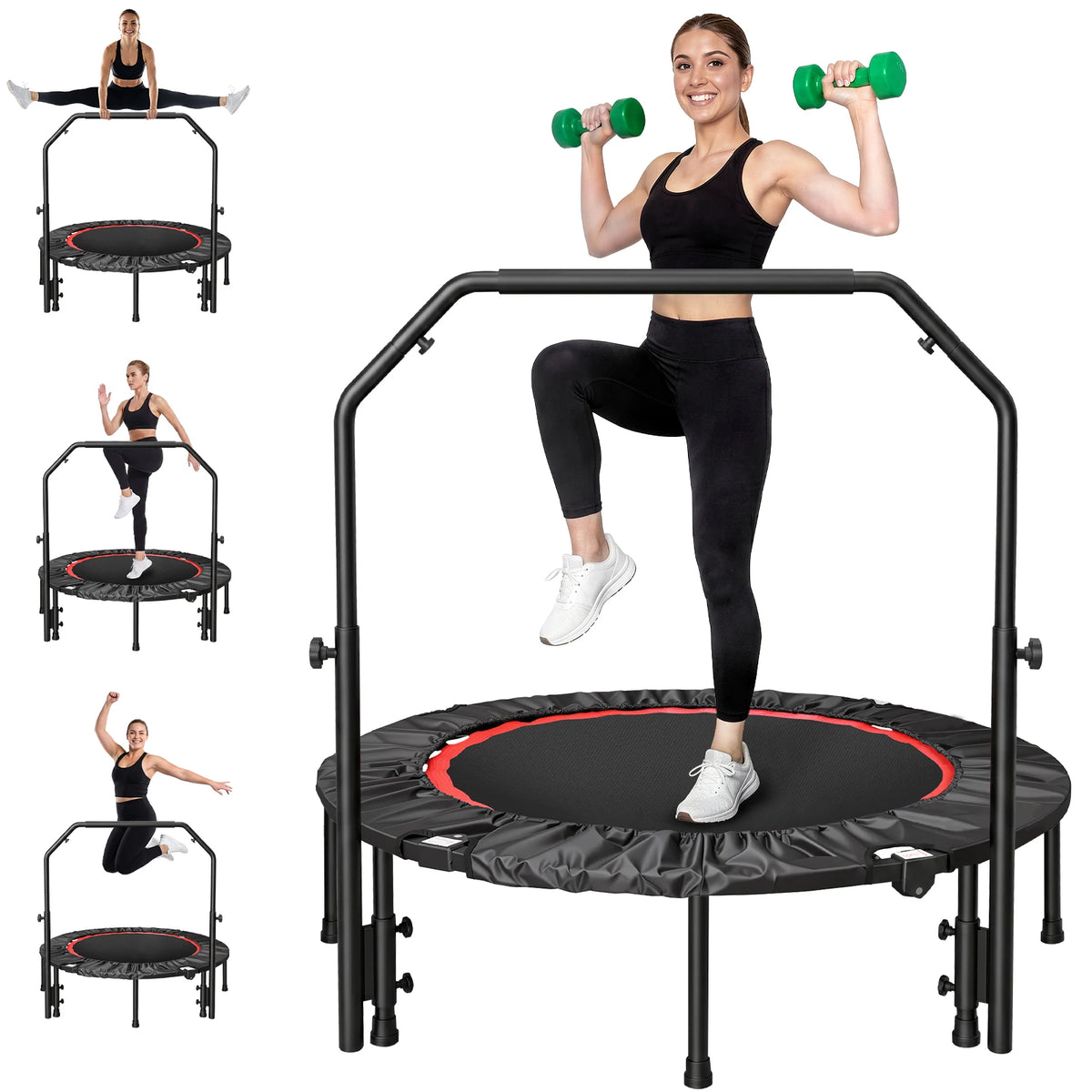 Folding Fitness Rebounder Trampoline With Handlebar For Indoor Cardio