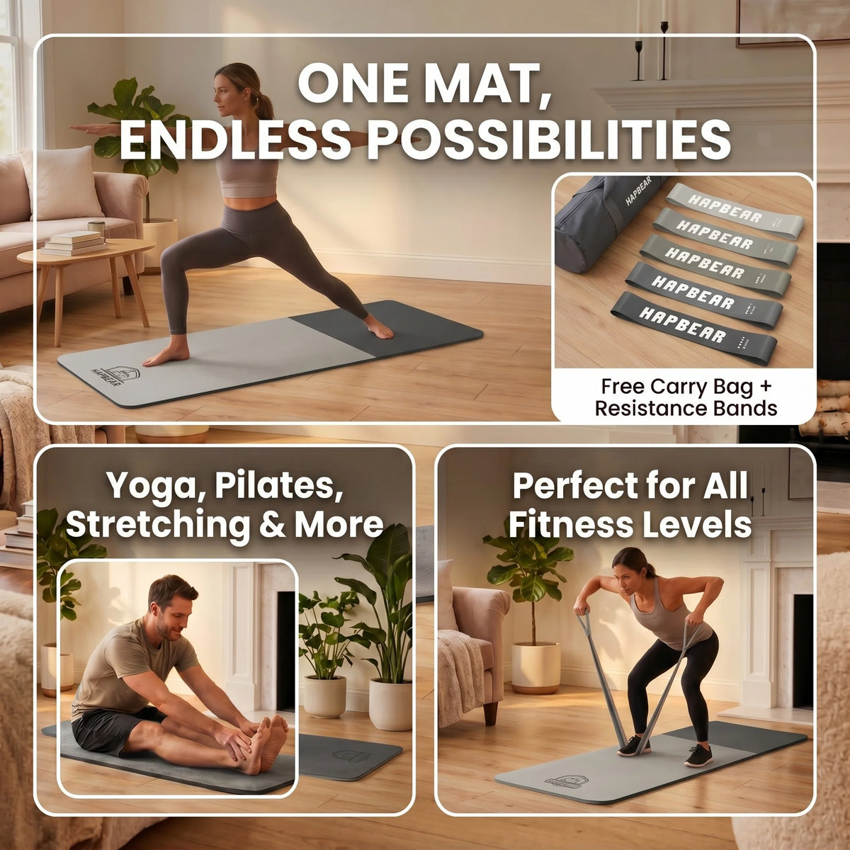 HAPBEAR Non Slip TPE Yoga Mat for Workouts and Pilates