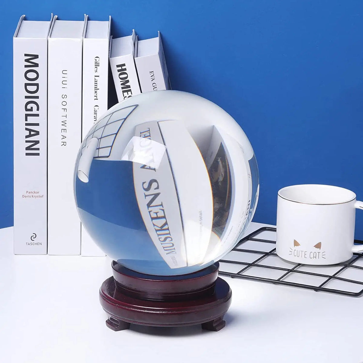 LONGWIN 200MM Black/Clear Crystal Ball Meditation Glass Sphere Photo Prop Free Stand For Divination Healing Photography Decor