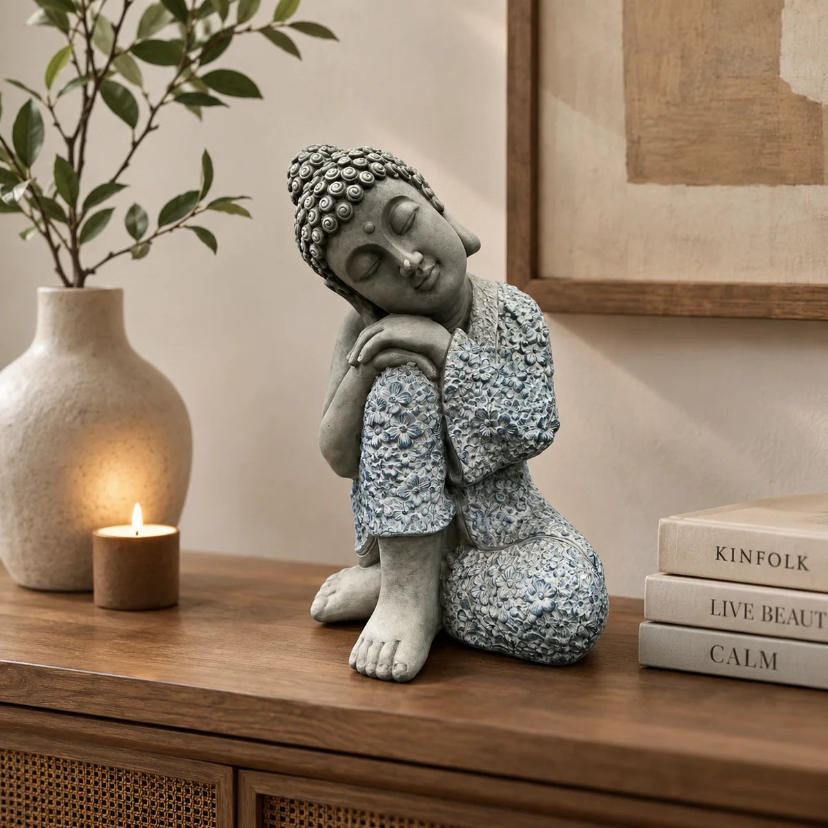 Buddha Statue Sleeping Buddha Garden Sculpture Resin Zen Decor Outdoor Patio Home Meditation Room Ornament Blue Grey Figurine