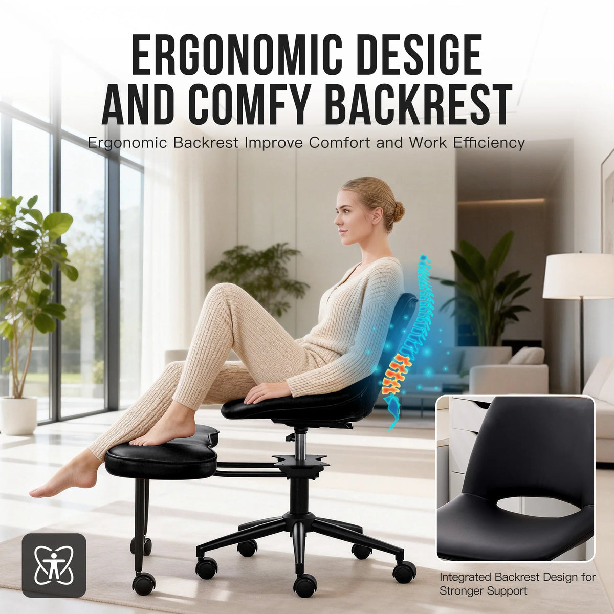 Ergonomic Cross-Legged Lounge Chair, Adjustable Height, Lumbar Support, 360° Swivel, Wide Seat, Sturdy Steel Base, Wheels, for Meditation, Yoga