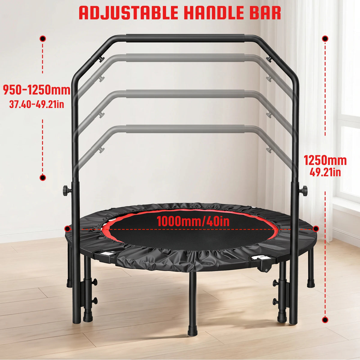 Folding Fitness Rebounder Trampoline With Handlebar For Indoor Cardio