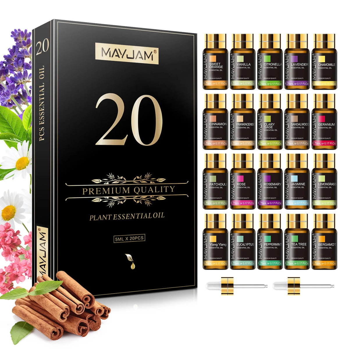 MAYJAM Christmas Gift Essential Oils Set,20 Bottles Fragrance Oils Lavender Jasmine Eucalyptus Vanilla Frankincense Peppermint Sandalwood Sweet Orange Ylang Ylang Rose Bergamot Tea Tree Cinnamon Geranium Patchouli Citronella