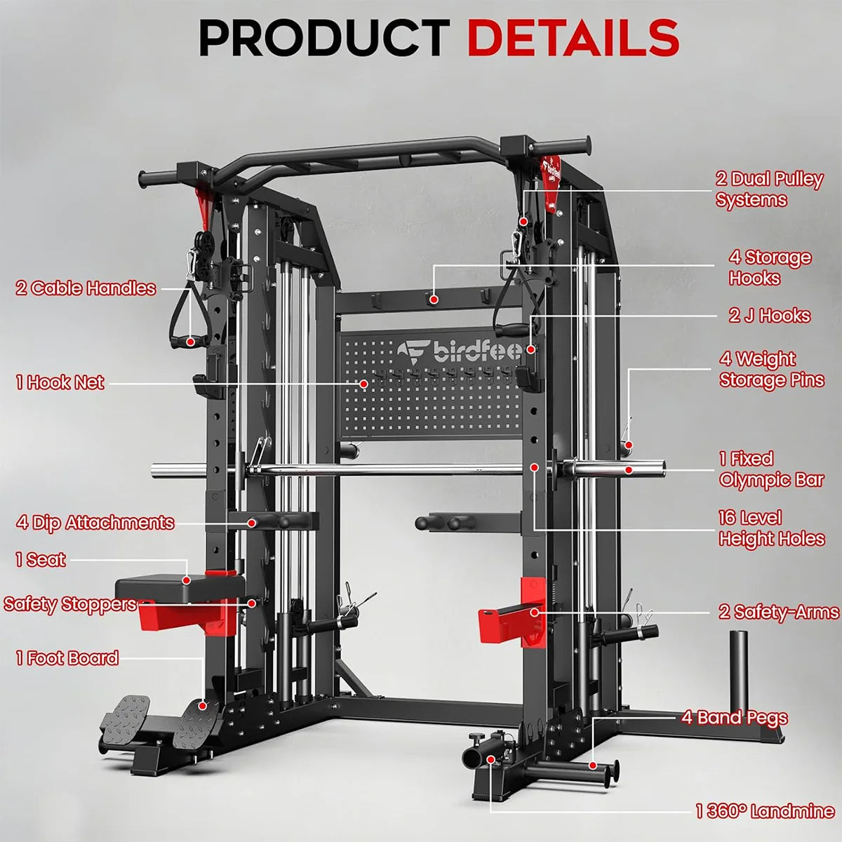Pooboo Multi Function Power Cage With Dual Pulley Cable Crossover