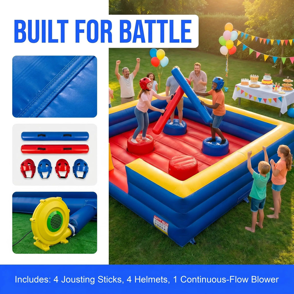 Inflatable Gladiator Joust Arena Game Set - 13x13ft 4 Person Joust Arena with 4 Jousting Sticks & Helmets, Commercial Grade PVC Inflatable Jousting Ring for Party, School & Team Building Events