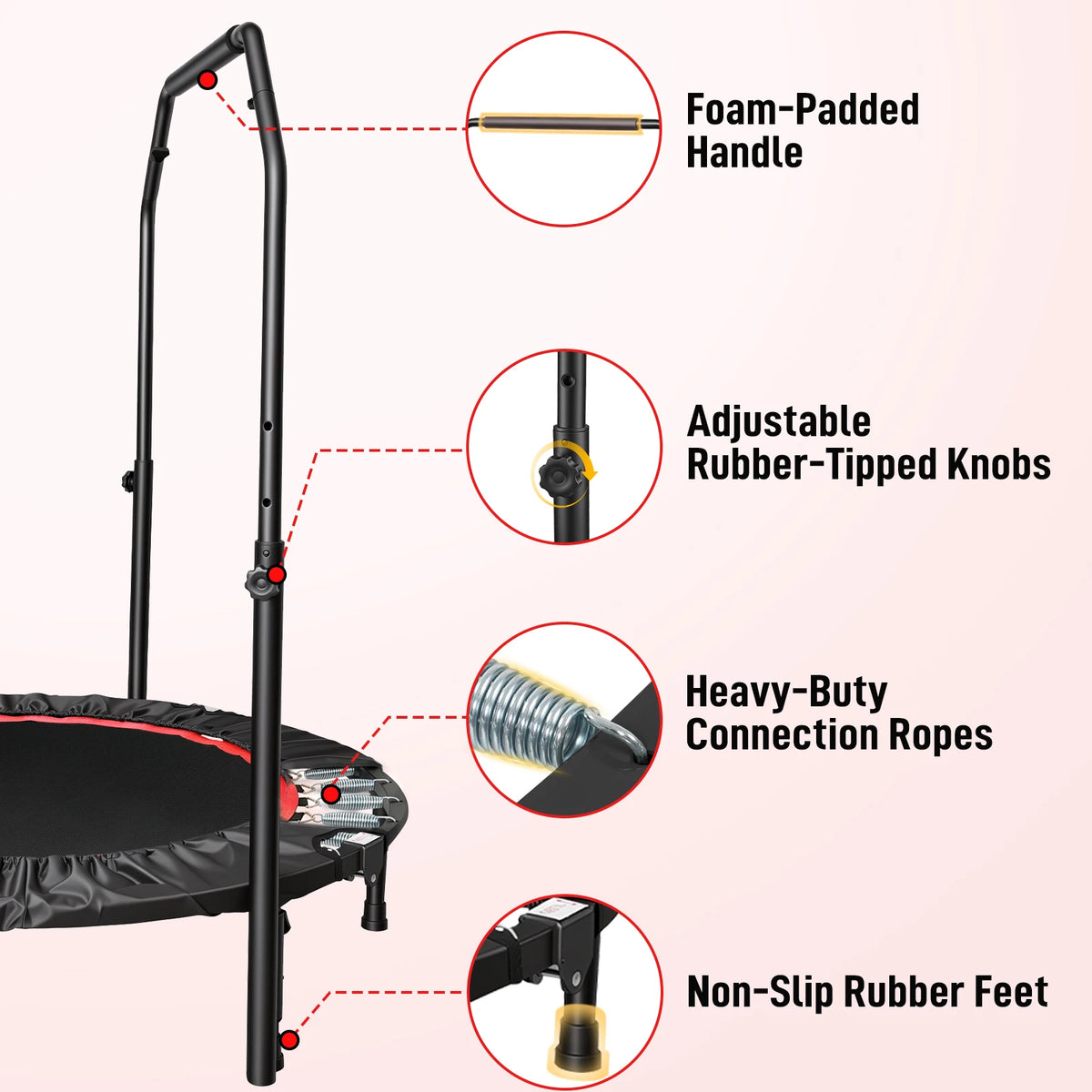 Folding Fitness Rebounder Trampoline With Handlebar For Indoor Cardio