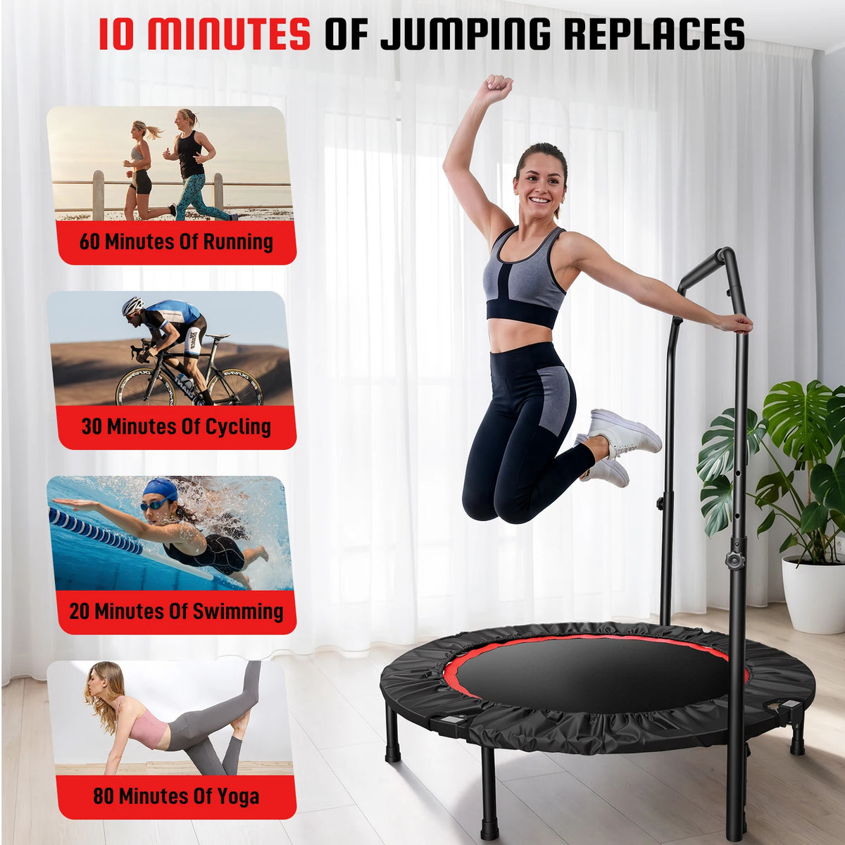 Folding Fitness Rebounder Trampoline With Handlebar For Indoor Cardio