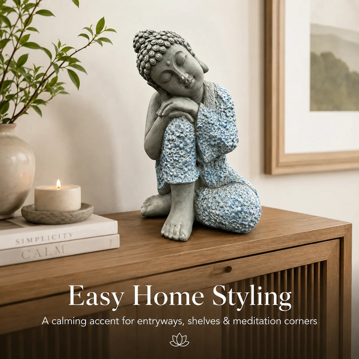 Buddha Statue Sleeping Buddha Garden Sculpture Resin Zen Decor Outdoor Patio Home Meditation Room Ornament Blue Grey Figurine