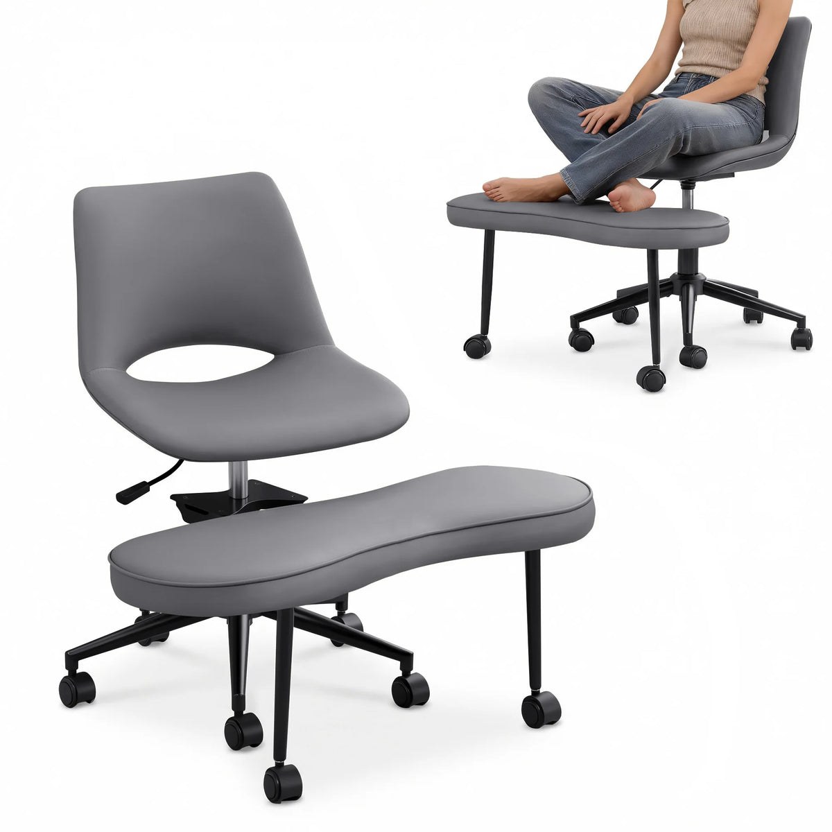 Ergonomic Cross-Legged Lounge Chair, Adjustable Height, Lumbar Support, 360° Swivel, Wide Seat, Sturdy Steel Base, Wheels, for Meditation, Yoga