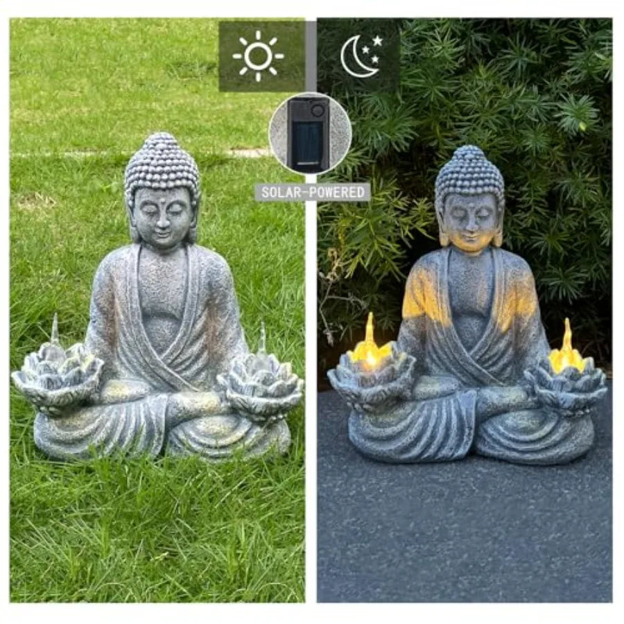Buddha Statue for Home and Outdoor Decor Solar Powered Flickering LED, Garden Light Zen Meditation Spiritual Room Decor- Buddha