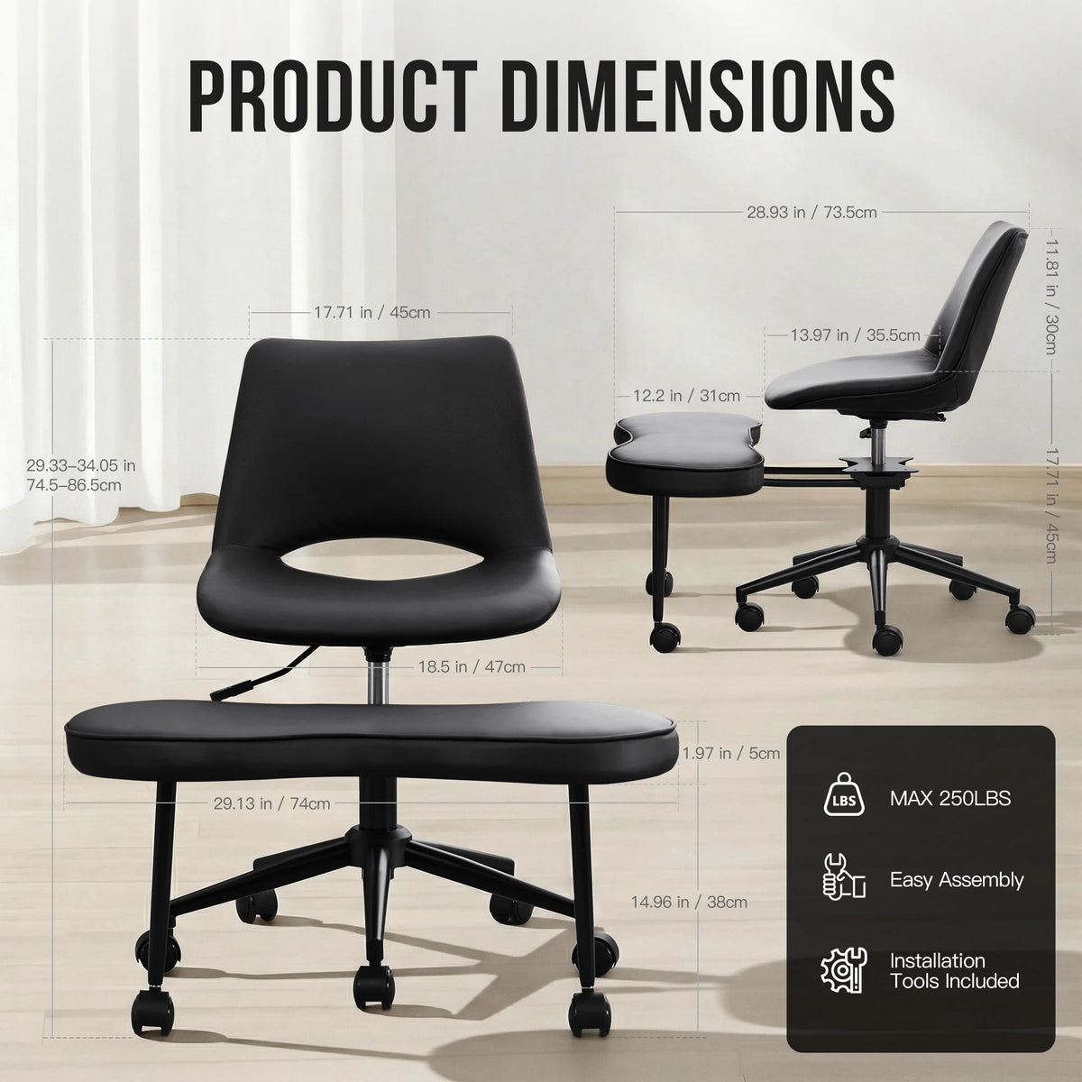 Ergonomic Cross-Legged Lounge Chair, Adjustable Height, Lumbar Support, 360° Swivel, Wide Seat, Sturdy Steel Base, Wheels, for Meditation, Yoga