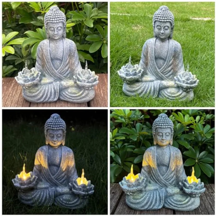 Buddha Statue for Home and Outdoor Decor Solar Powered Flickering LED, Garden Light Zen Meditation Spiritual Room Decor- Buddha