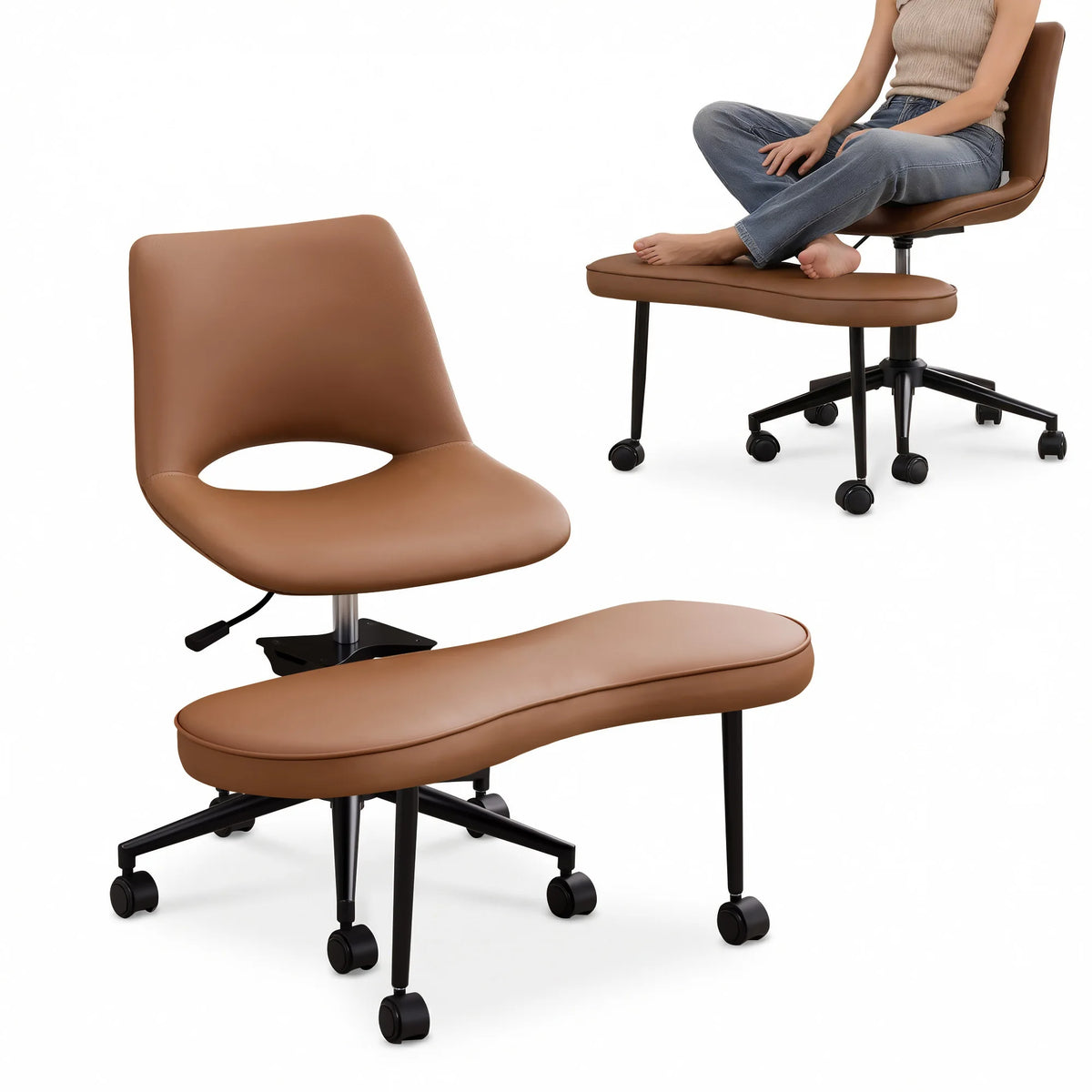 Ergonomic Cross-Legged Lounge Chair, Adjustable Height, Lumbar Support, 360° Swivel, Wide Seat, Sturdy Steel Base, Wheels, for Meditation, Yoga