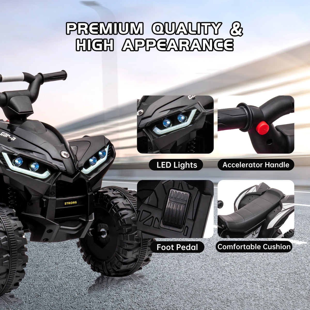 12V Kids Ride On ATV 4 Wheeler Electric Car With Parent Remote Control LED Lights Music Horn Rechargeable Battery All Terrain Tires