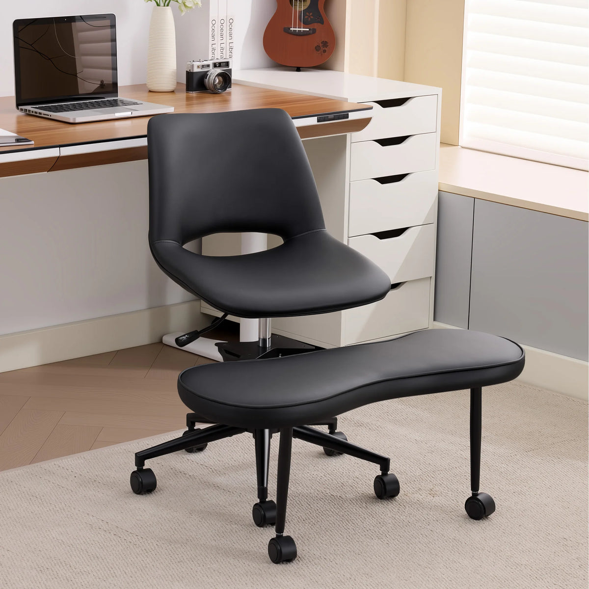 Ergonomic Cross-Legged Lounge Chair, Adjustable Height, Lumbar Support, 360° Swivel, Wide Seat, Sturdy Steel Base, Wheels, for Meditation, Yoga