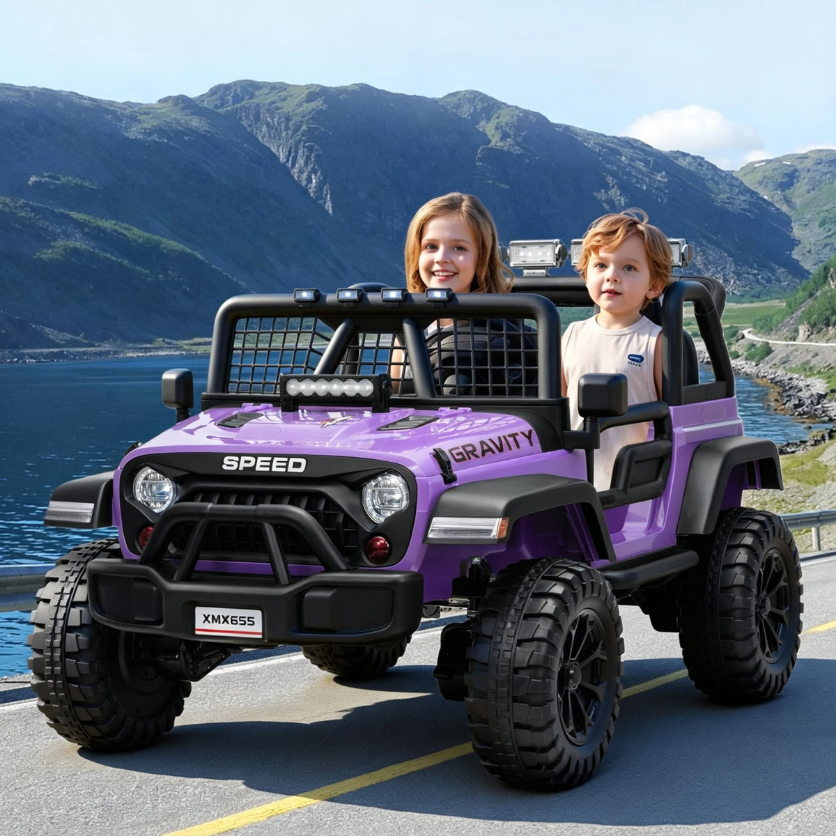 24V 2 Seater Kids Ride On Truck With Parent Remote, 4WD Dual Motor Electric Car, 100 Min Playtime, LED Lights, Music, 110 Lbs