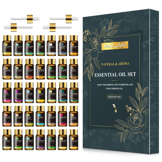 MAYJAM 35 Bottles Essential Oils Kit Gift Box ,Lavender Jasmine Vanilla Lemon Eucalyptus Sandalwood Frankincense SweetOrange Ylang Rose Bergamot Tea Tree Lemongrass Patchouli Rosemary Geranium Citronella Aromatherapy Oil for