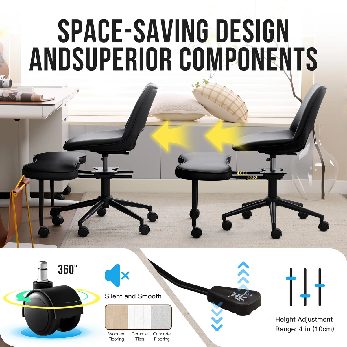 Ergonomic Cross-Legged Lounge Chair, Adjustable Height, Lumbar Support, 360° Swivel, Wide Seat, Sturdy Steel Base, Wheels, for Meditation, Yoga