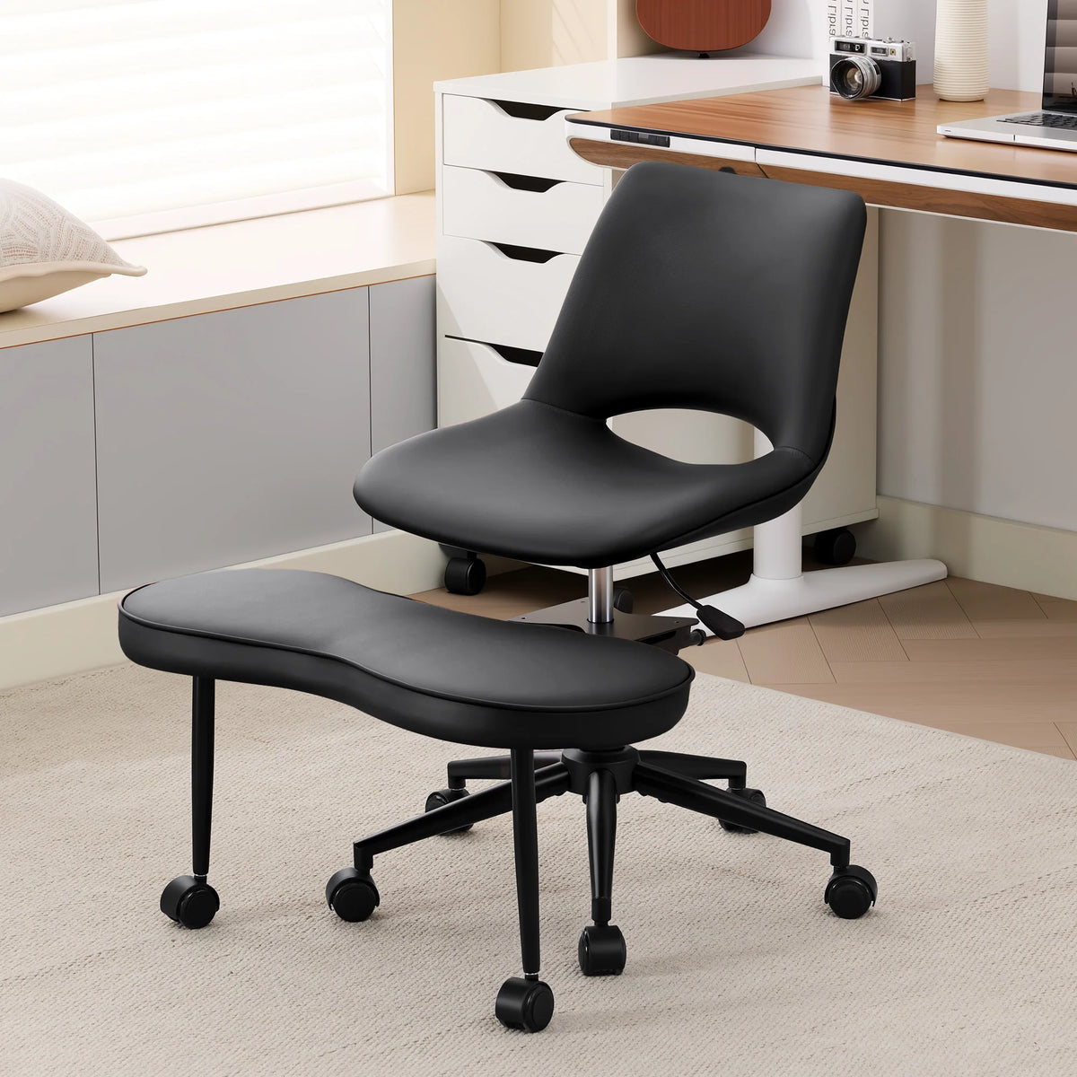 Ergonomic Cross-Legged Lounge Chair, Adjustable Height, Lumbar Support, 360° Swivel, Wide Seat, Sturdy Steel Base, Wheels, for Meditation, Yoga