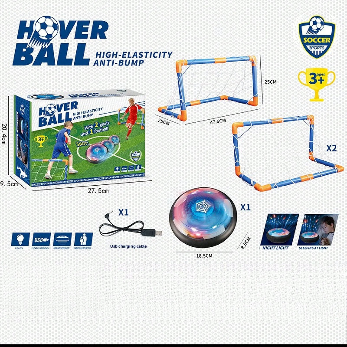 Rechargeable Hover Soccer Ball Toy Set with 2 Goals, LED Light Air‑Powered Floating Football with Soft Foam Bumper, Indoor Sports Game Toy for Kids