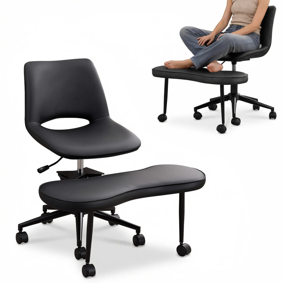 Ergonomic Cross-Legged Lounge Chair, Adjustable Height, Lumbar Support, 360° Swivel, Wide Seat, Sturdy Steel Base, Wheels, for Meditation, Yoga
