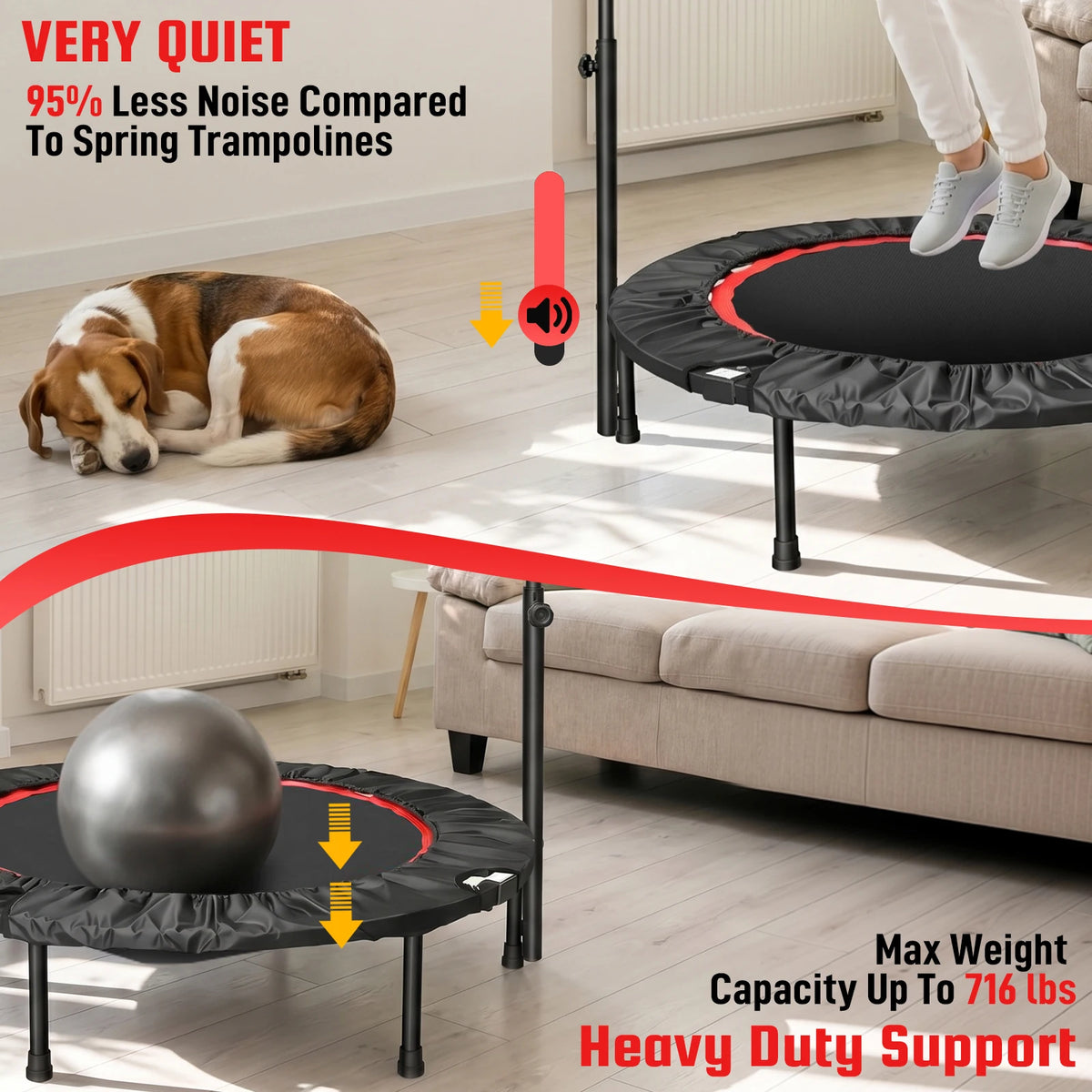 Folding Fitness Rebounder Trampoline With Handlebar For Indoor Cardio