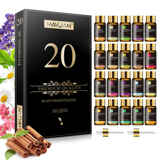 MAYJAM Christmas Gift Essential Oils Set,20 Bottles Fragrance Oils Lavender Jasmine Eucalyptus Vanilla Frankincense Peppermint Sandalwood Sweet Orange Ylang Ylang Rose Bergamot Tea Tree Cinnamon Geranium Patchouli Citronella
