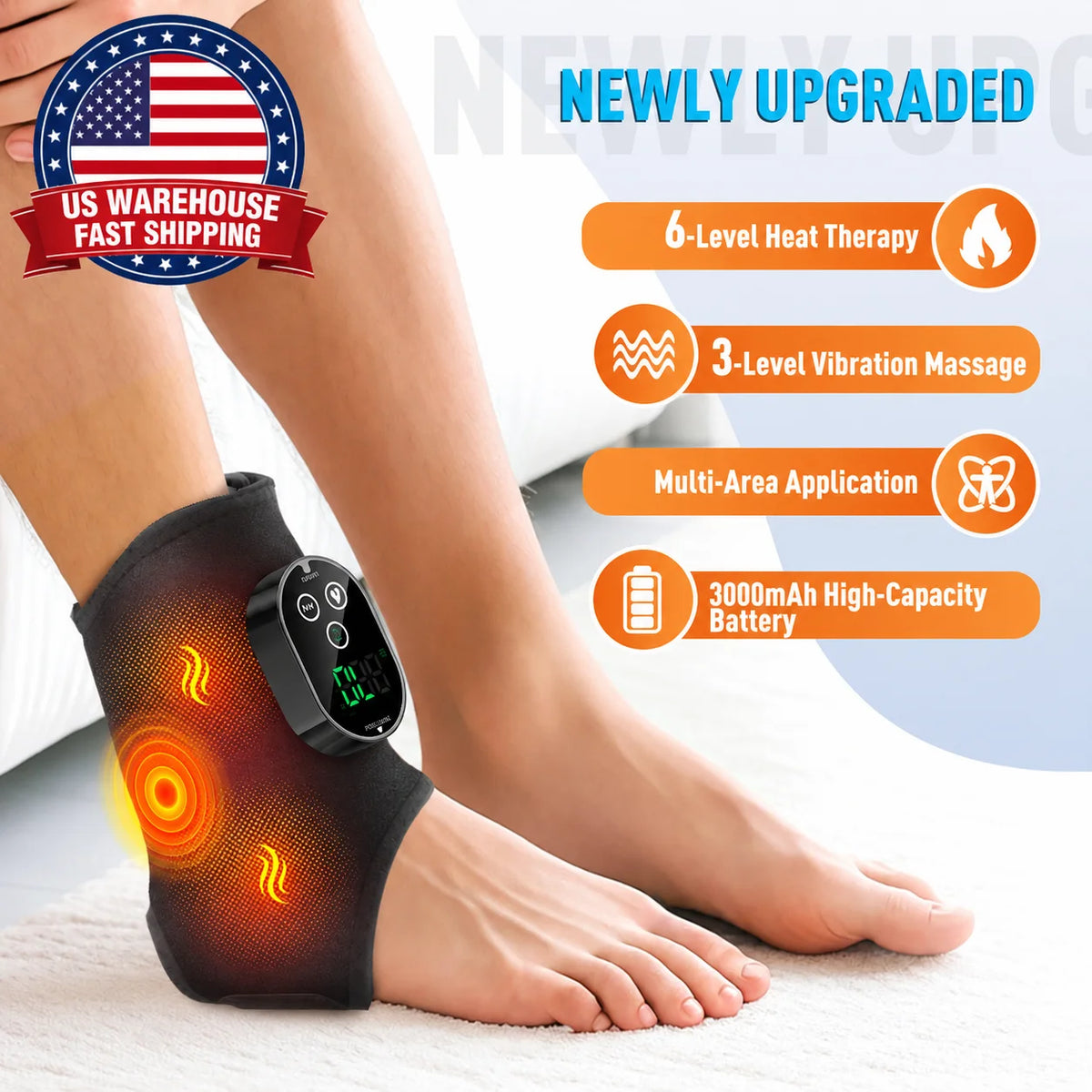 Heated Ankle Massager Black Foot Wrap Dual Motor 3 Speeds 6 Heat Levels Timer Type-C Rechargeable for Foot Calf Arm Home Travel