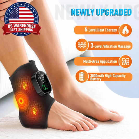 Heated Ankle Massager Black Foot Wrap Dual Motor 3 Speeds 6 Heat Levels Timer Type-C Rechargeable for Foot Calf Arm Home Travel